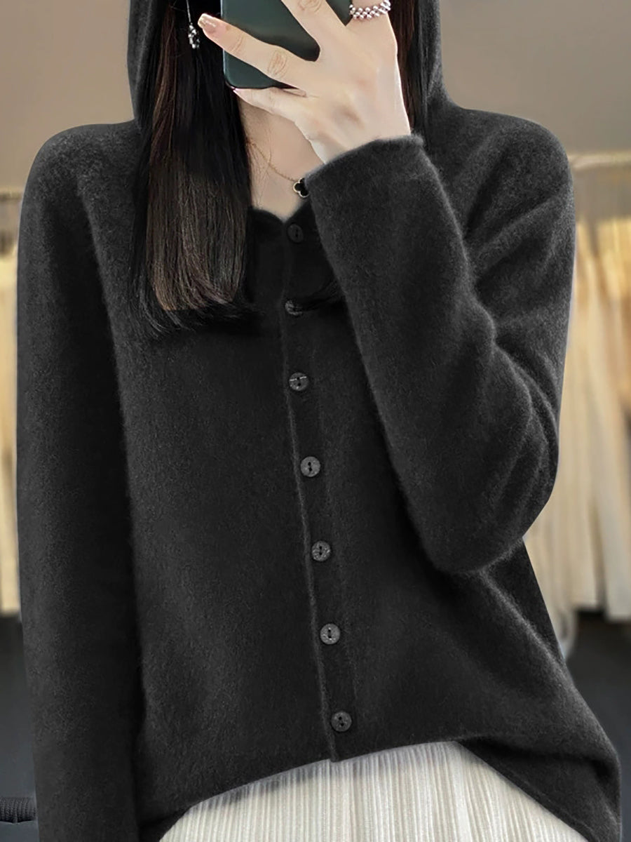 Women Autumn Casual Pure Color Knitted Hooded Sweater