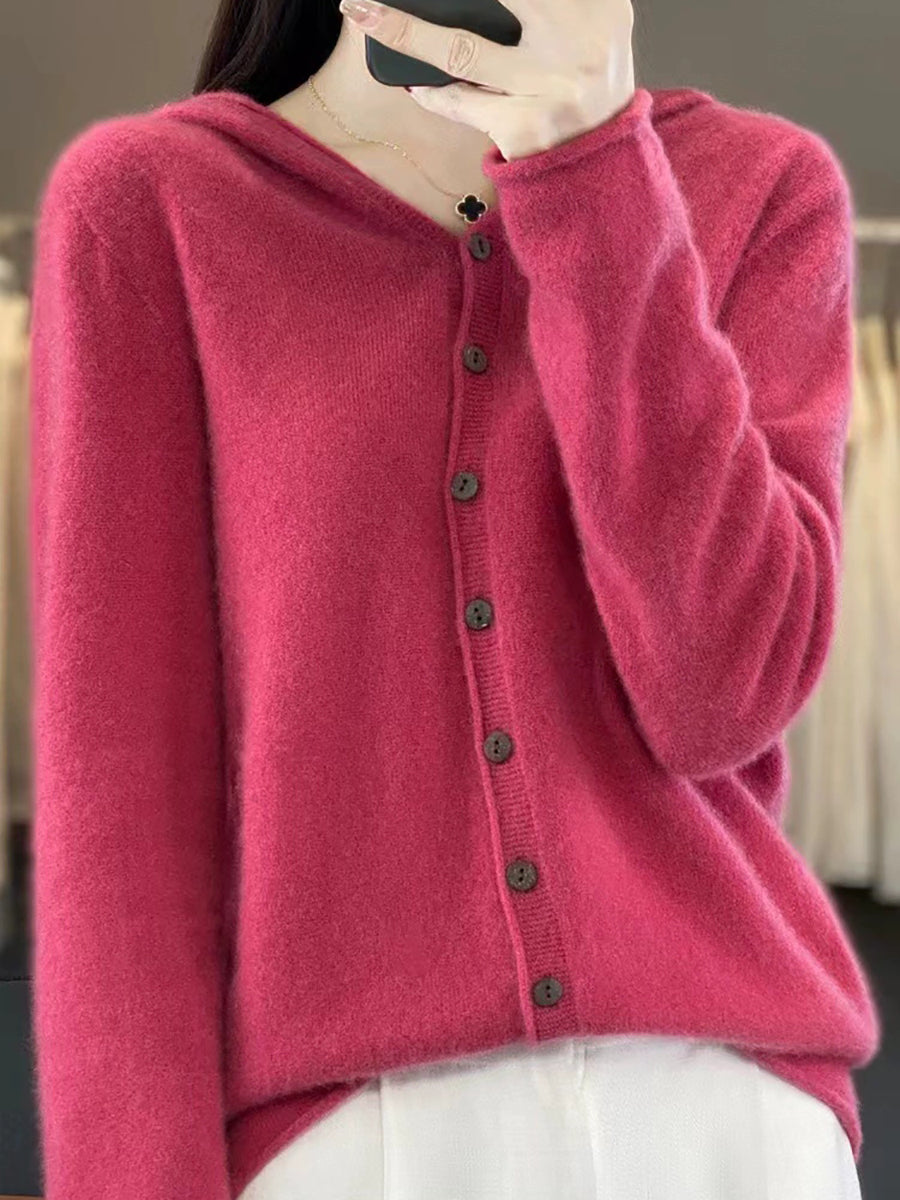 Women Autumn Casual Pure Color Knitted Hooded Sweater