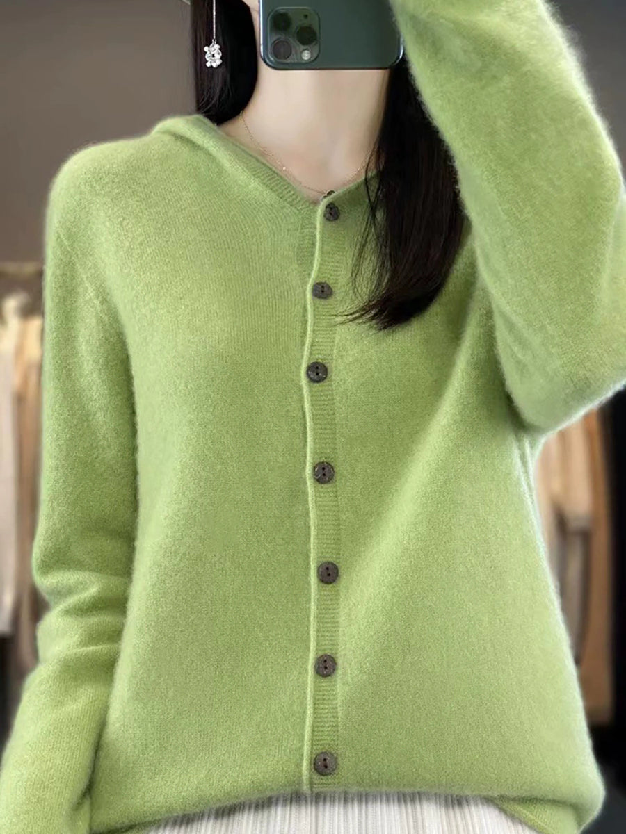 Women Autumn Casual Pure Color Knitted Hooded Sweater