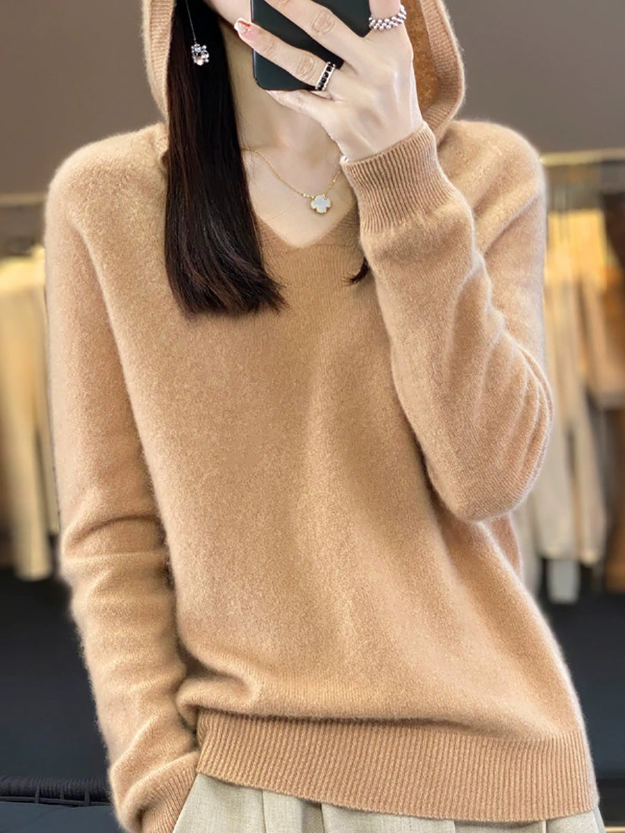 Women Autumn Casual Pure Color Knitted Hooded Sweater
