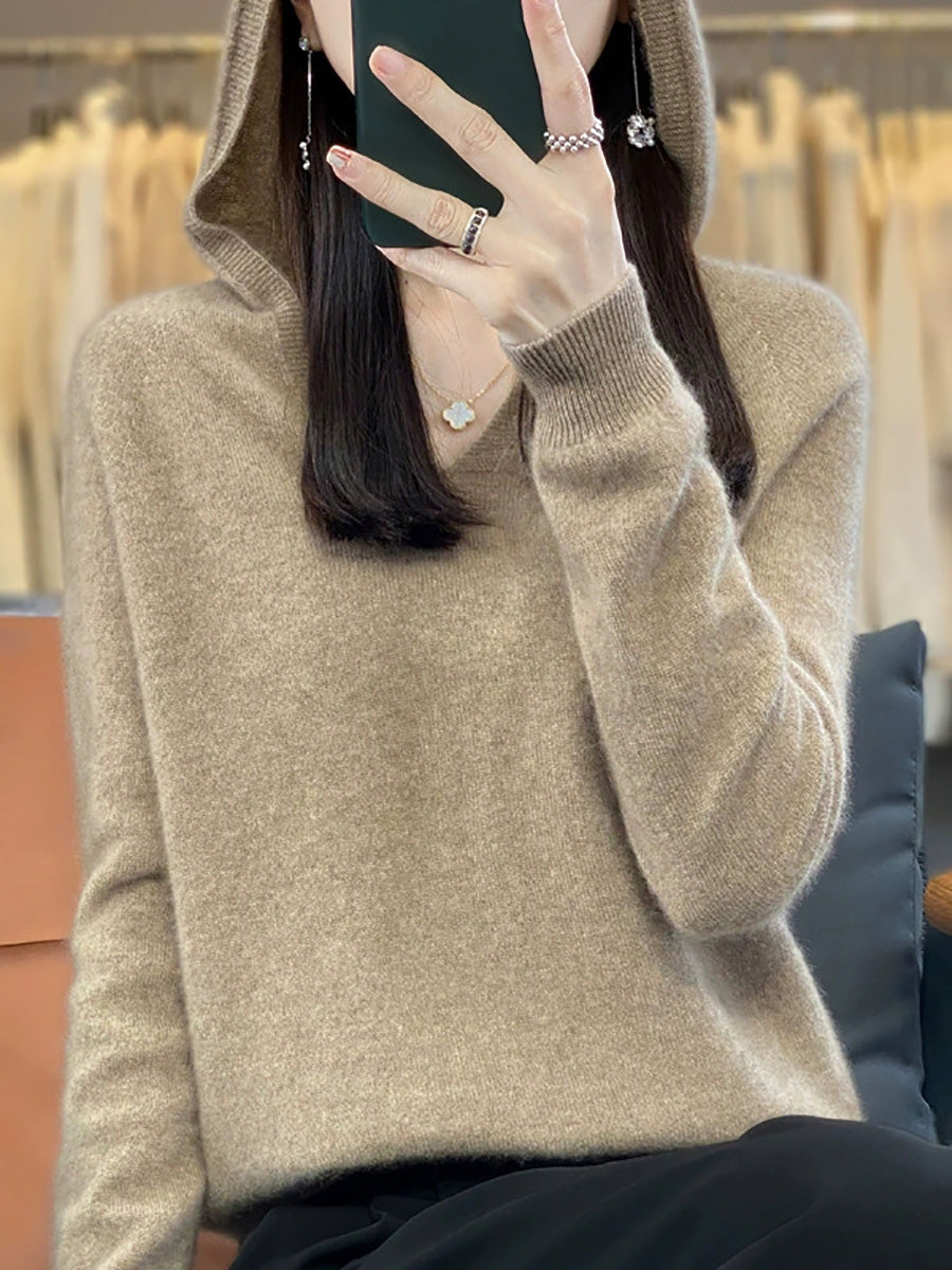 Women Autumn Casual Pure Color Knitted Hooded Sweater