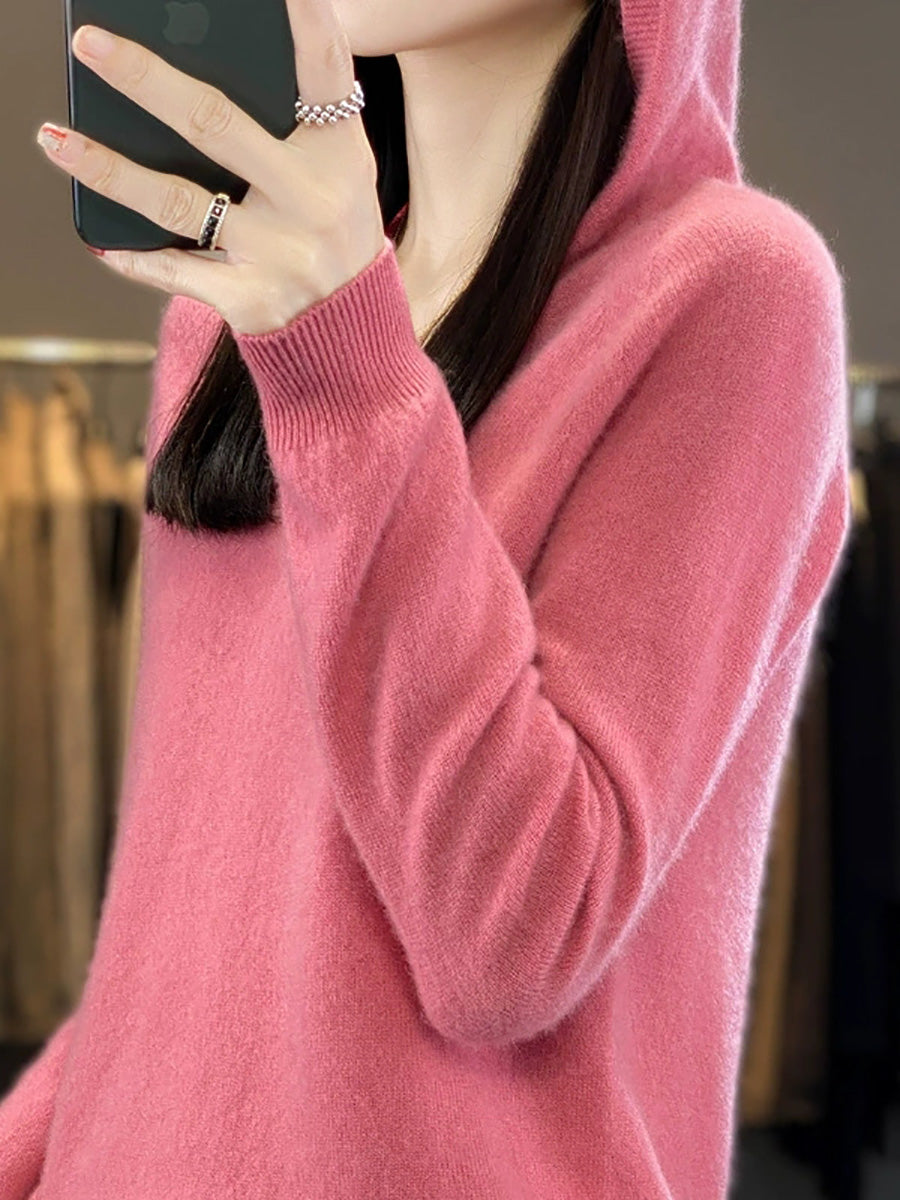 Women Autumn Casual Pure Color Knitted Hooded Sweater