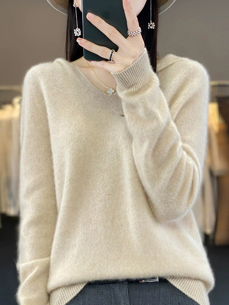 Women Autumn Casual Pure Color Knitted Hooded Sweater