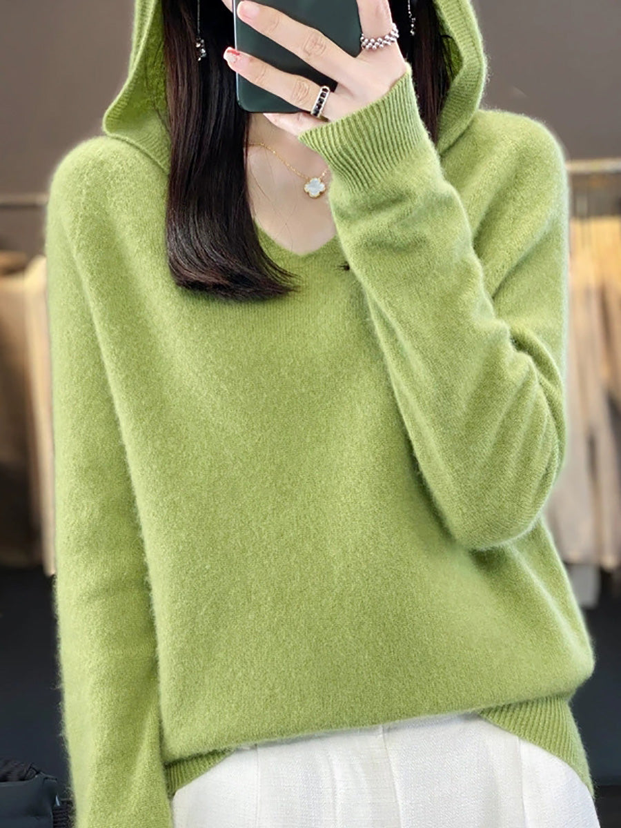 Women Autumn Casual Pure Color Knitted Hooded Sweater
