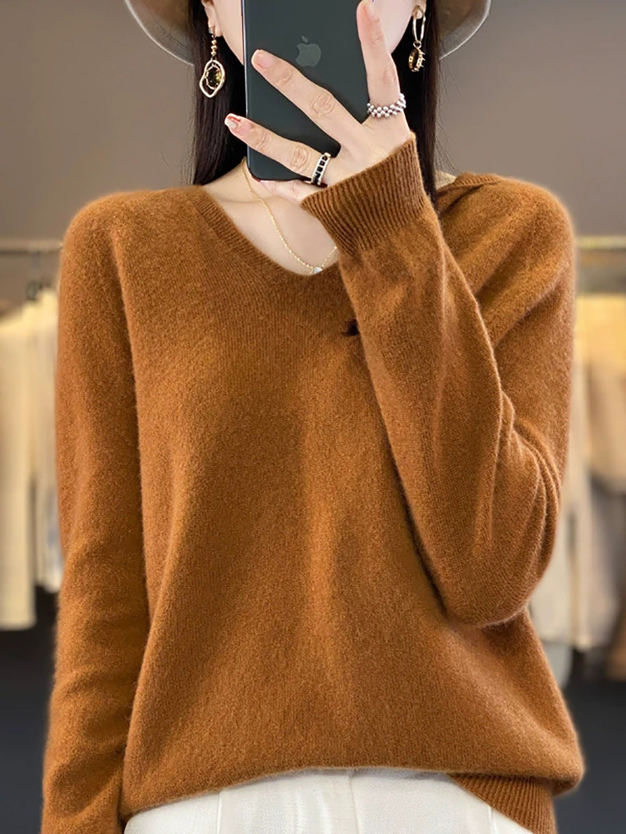 Women Autumn Casual Pure Color Knitted Hooded Sweater