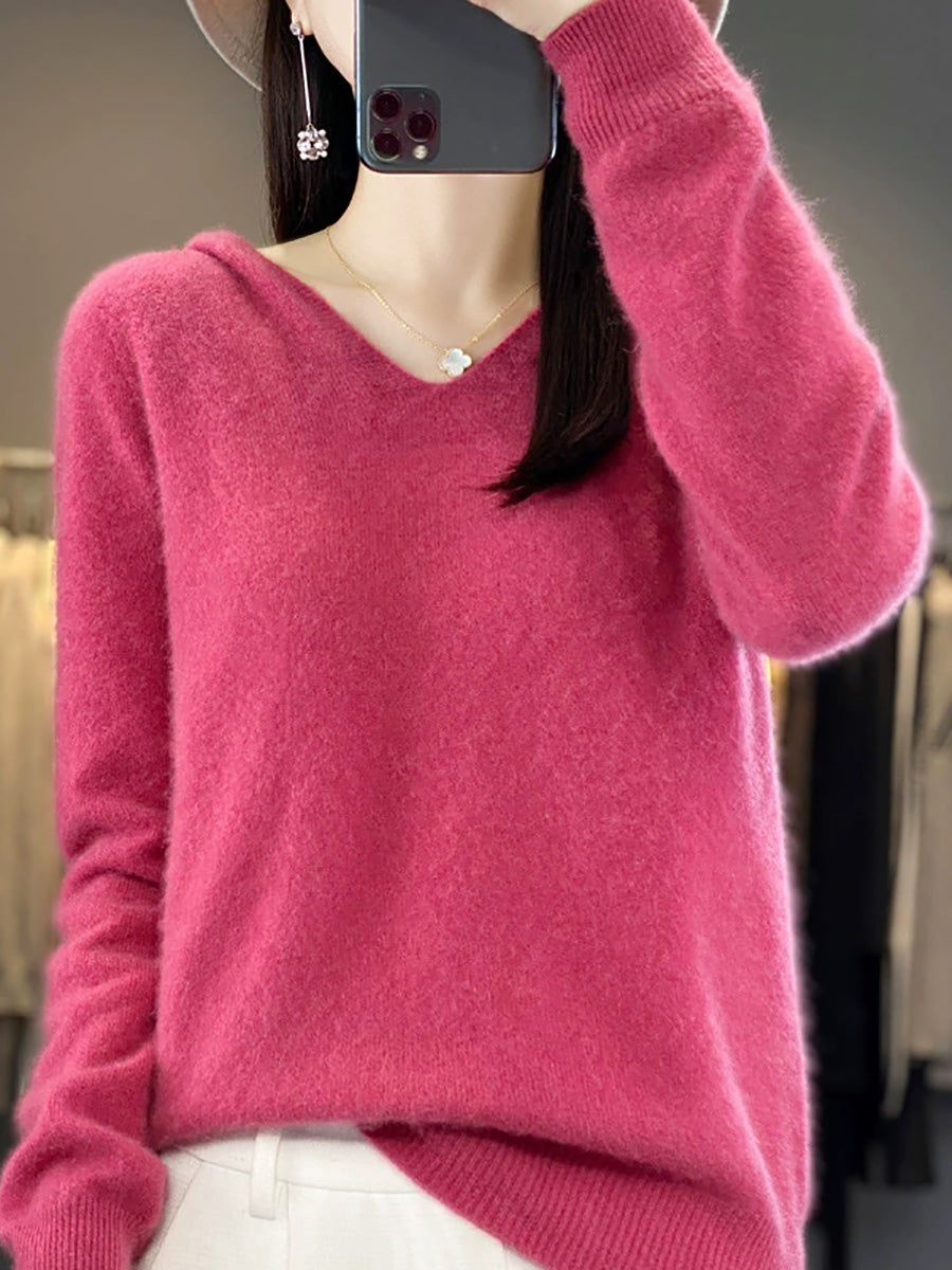 Women Autumn Casual Pure Color Knitted Hooded Sweater