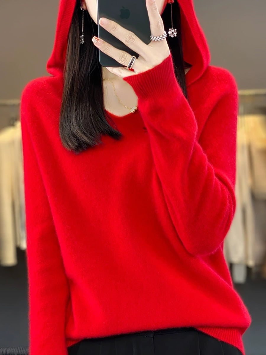 Women Autumn Casual Pure Color Knitted Hooded Sweater