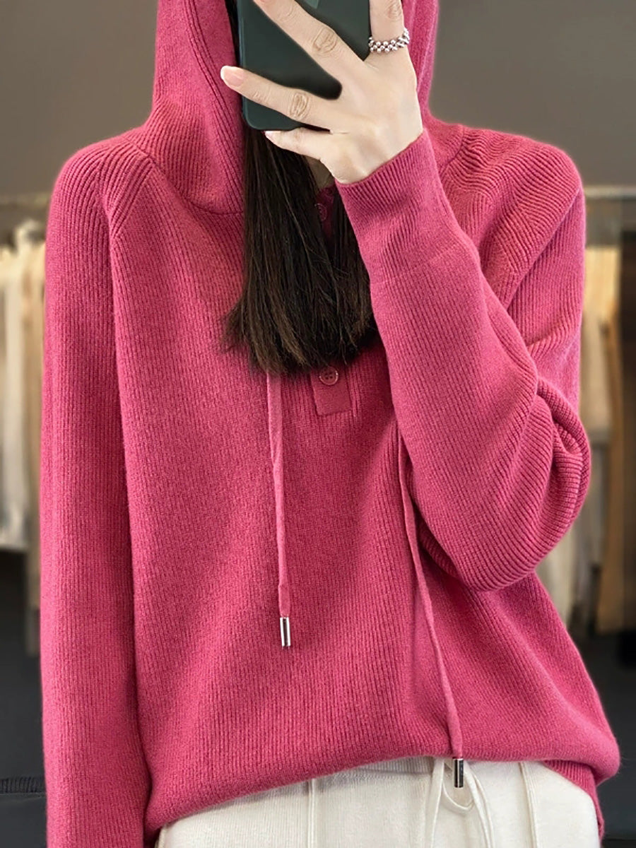 Women Autumn Casual Pure Color Knitted Hooded Sweater