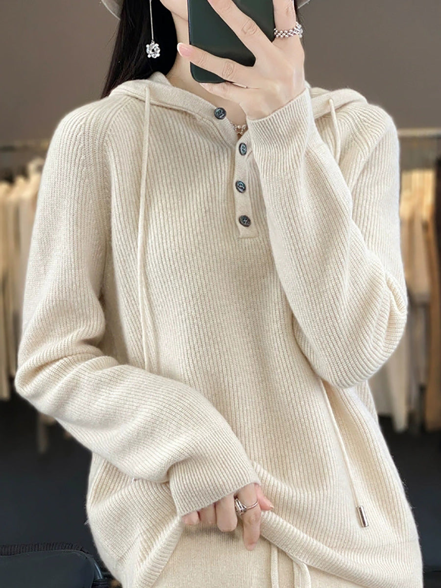 Women Autumn Casual Pure Color Knitted Hooded Sweater