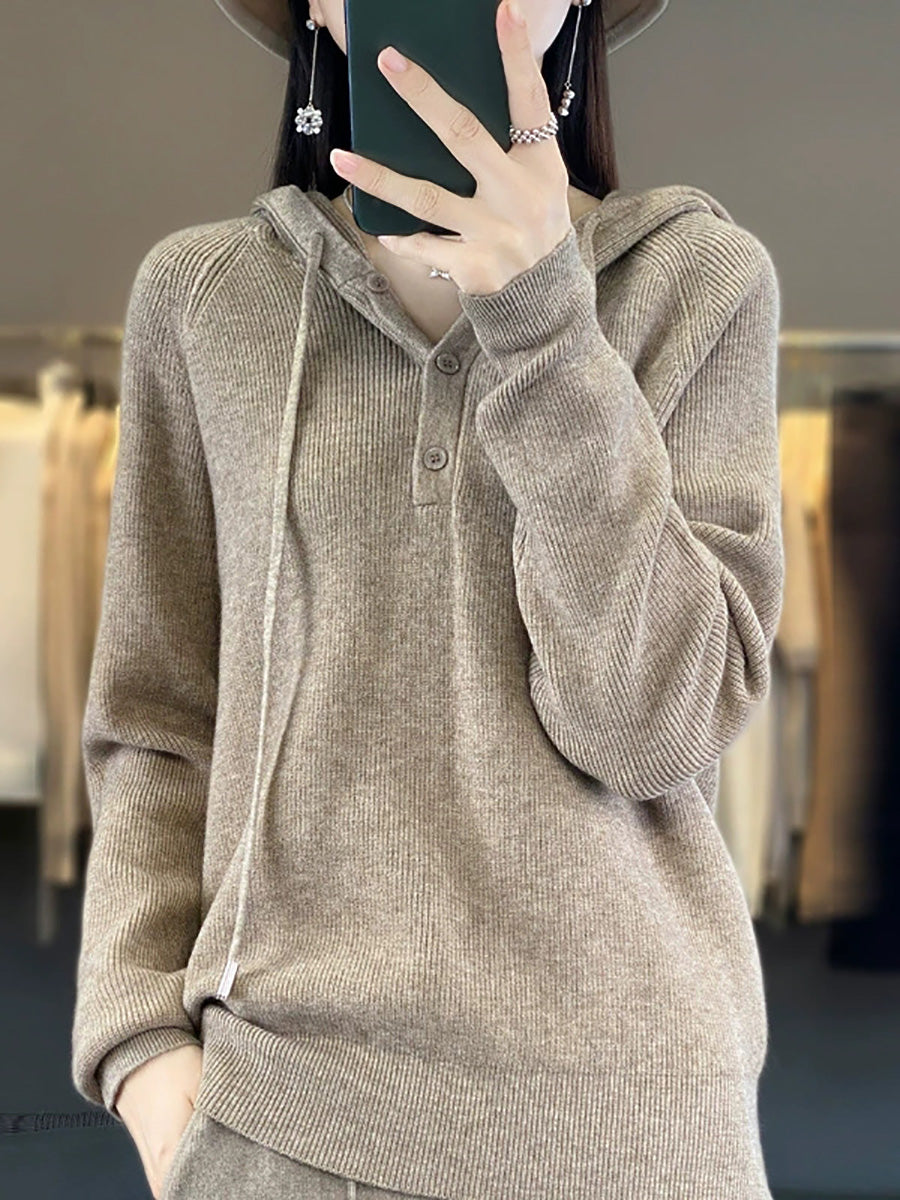 Women Autumn Casual Pure Color Knitted Hooded Sweater