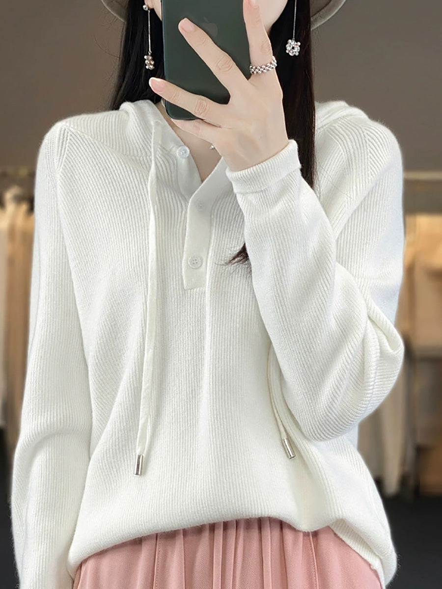Women Autumn Casual Pure Color Knitted Hooded Sweater
