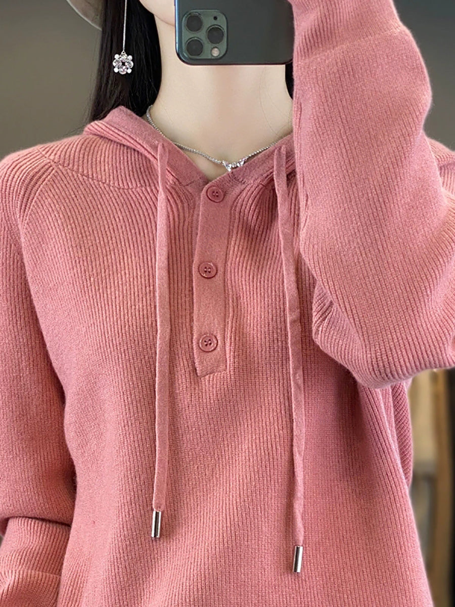 Women Autumn Casual Pure Color Knitted Hooded Sweater