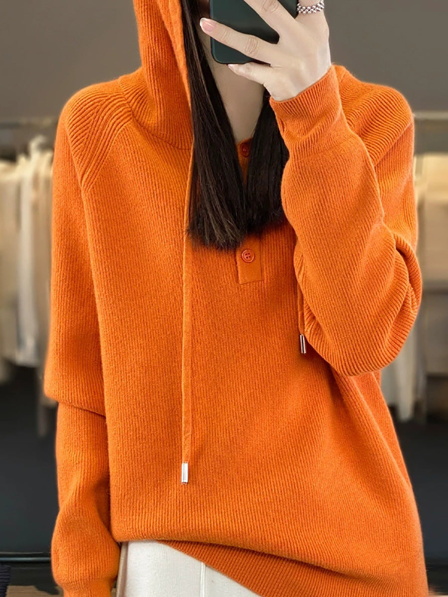 Women Autumn Casual Pure Color Knitted Hooded Sweater