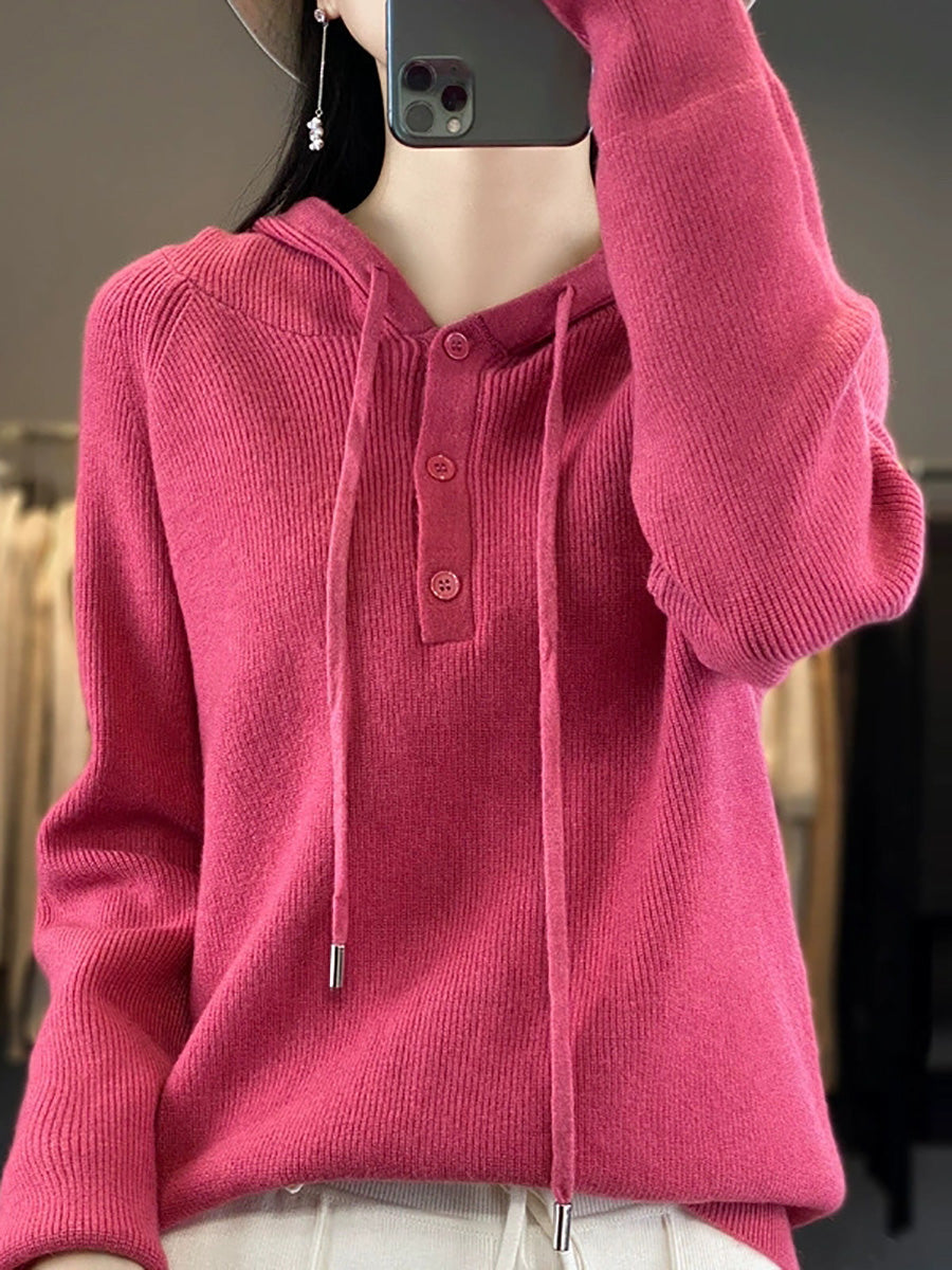 Women Autumn Casual Pure Color Knitted Hooded Sweater