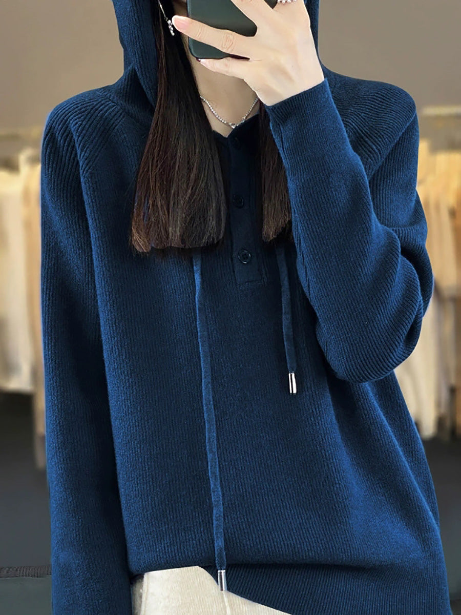 Women Autumn Casual Pure Color Knitted Hooded Sweater