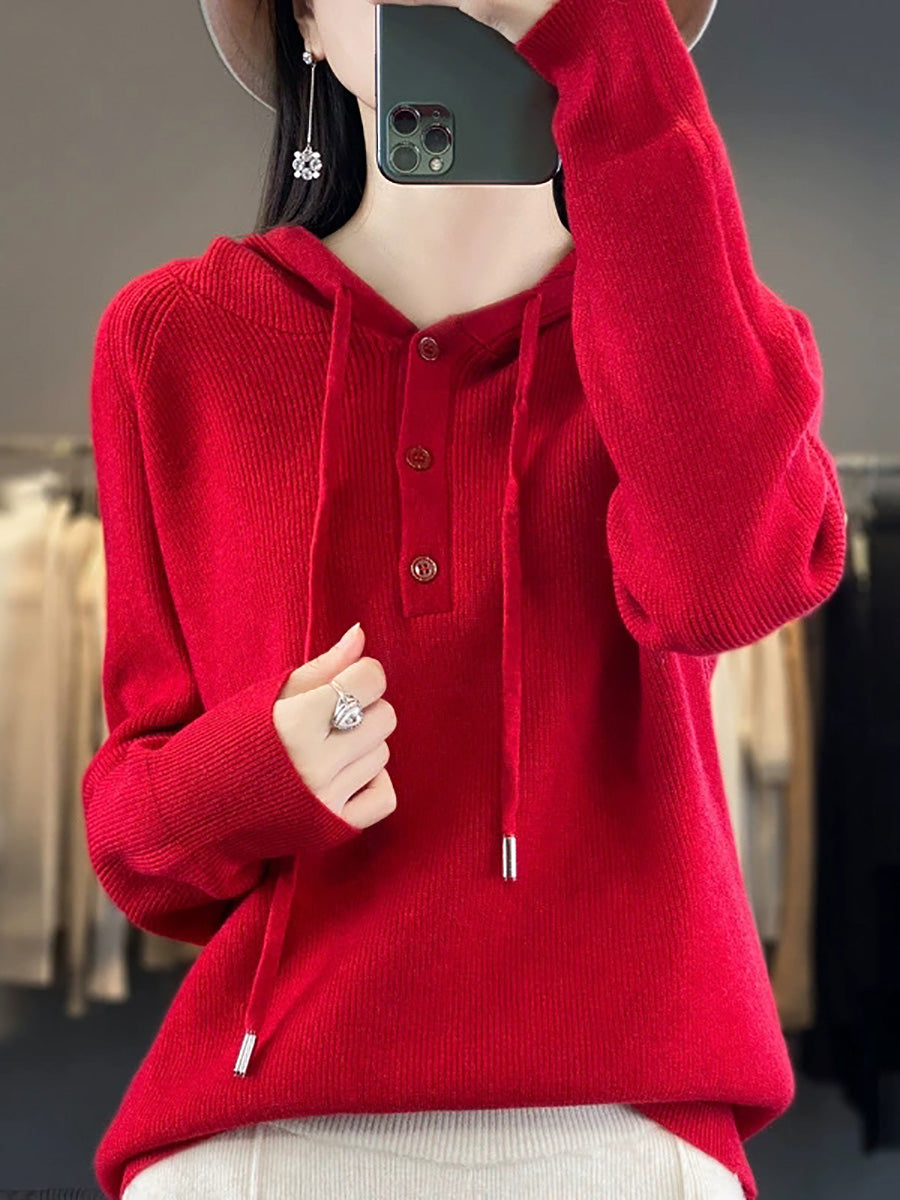 Women Autumn Casual Pure Color Knitted Hooded Sweater