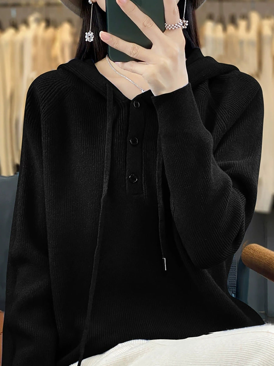 Women Autumn Casual Pure Color Knitted Hooded Sweater