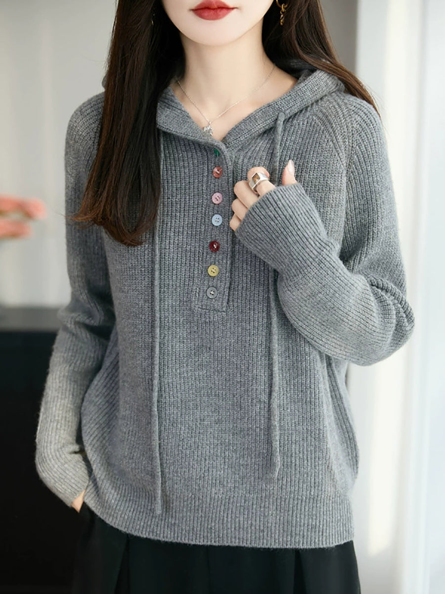 Women Autumn Casual Pure Color Hooded Sweater
