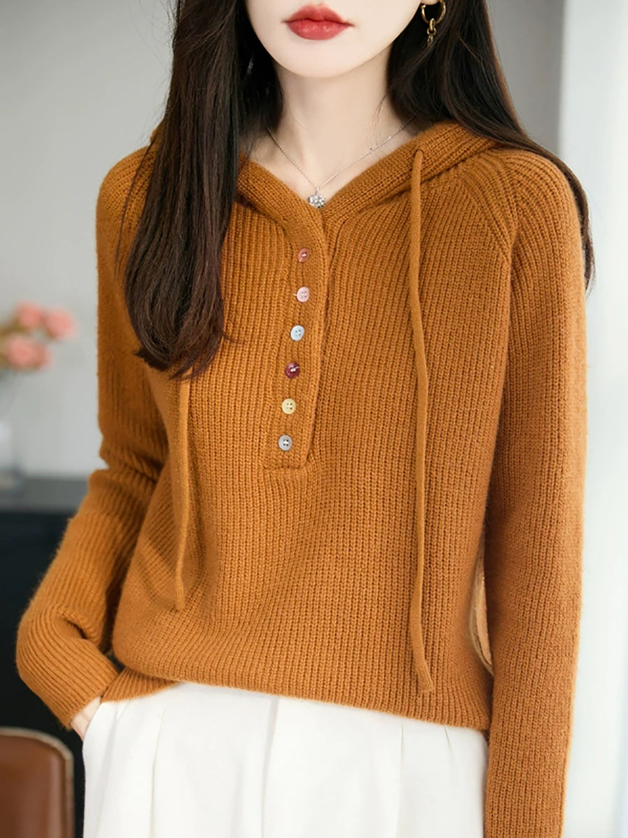 Women Autumn Casual Pure Color Hooded Sweater