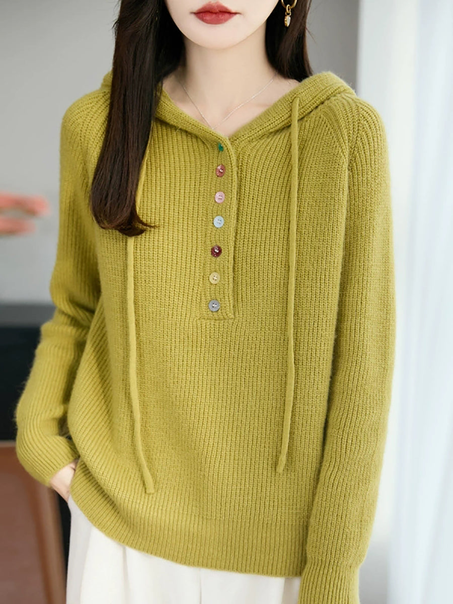 Women Autumn Casual Pure Color Hooded Sweater