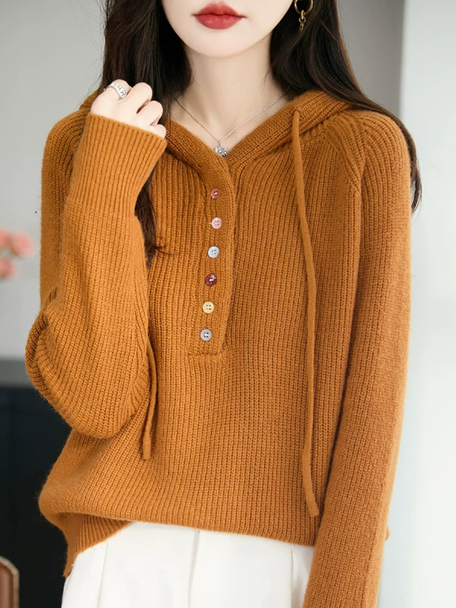 Women Autumn Casual Pure Color Hooded Sweater