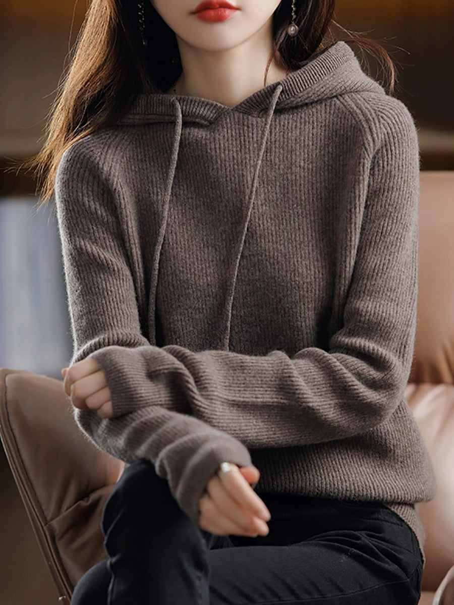 Women Autumn Casual Pure Color Hooded Sweater