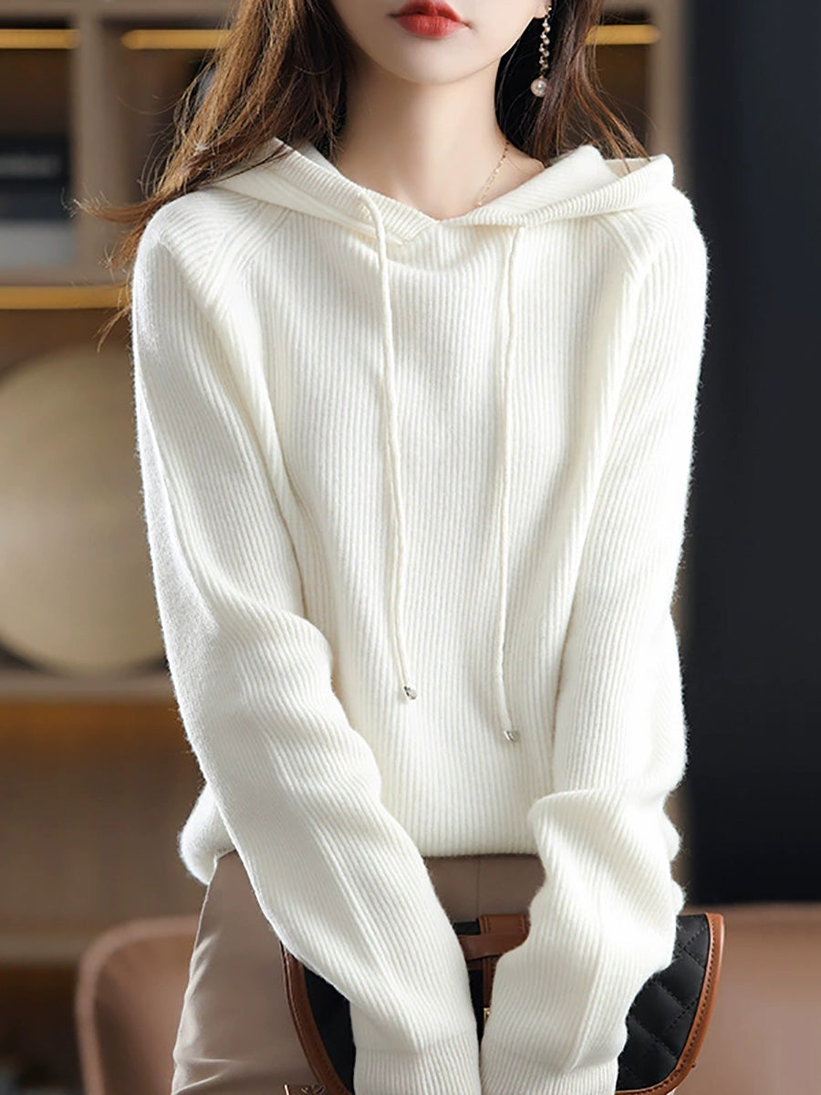 Women Autumn Casual Pure Color Hooded Sweater