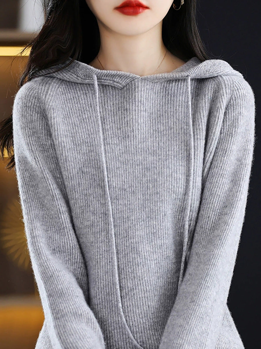 Women Autumn Casual Pure Color Hooded Sweater