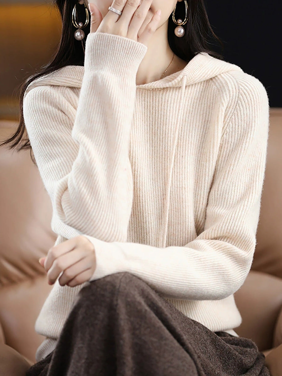 Women Autumn Casual Pure Color Hooded Sweater