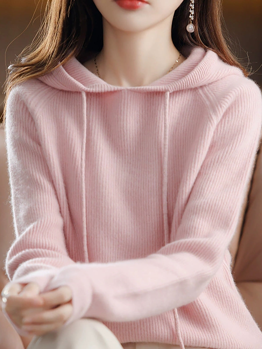 Women Autumn Casual Pure Color Hooded Sweater
