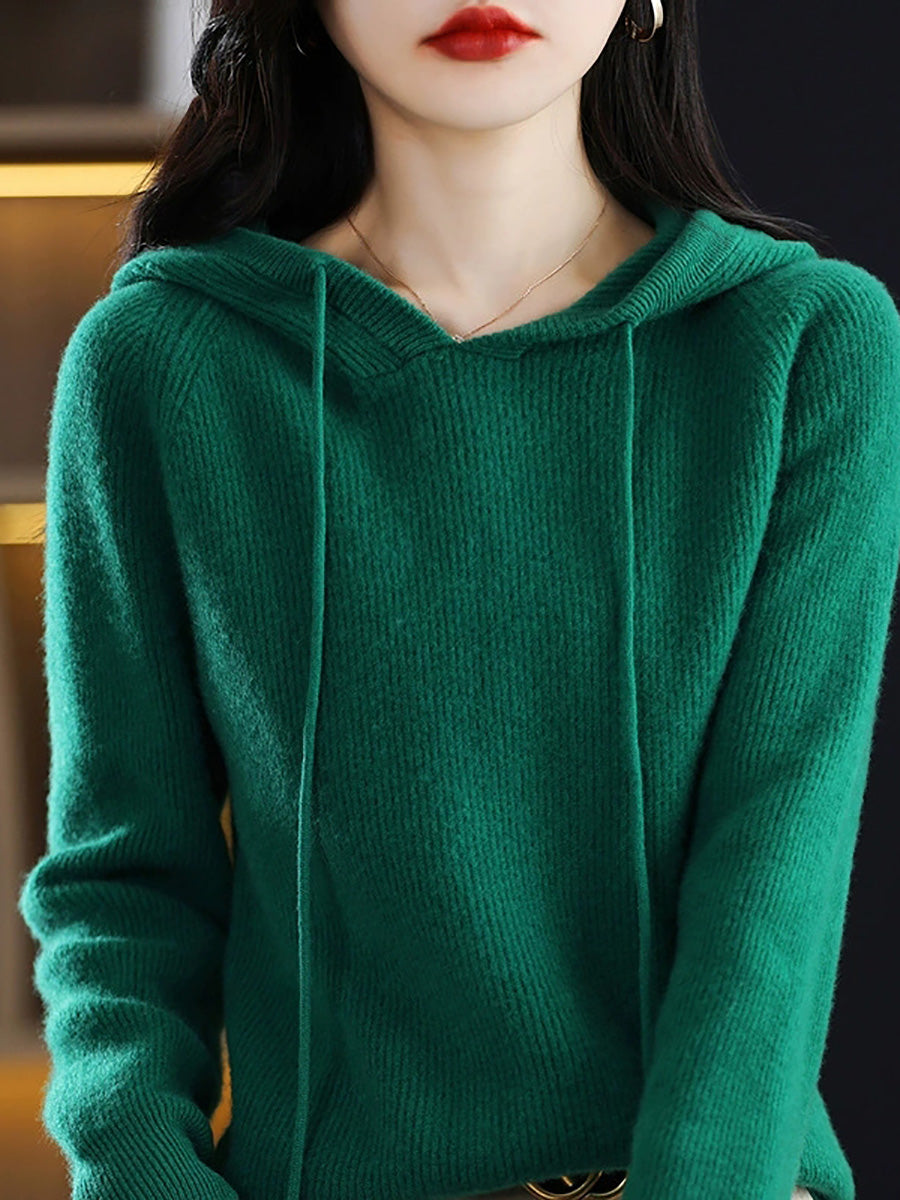 Women Autumn Casual Pure Color Hooded Sweater