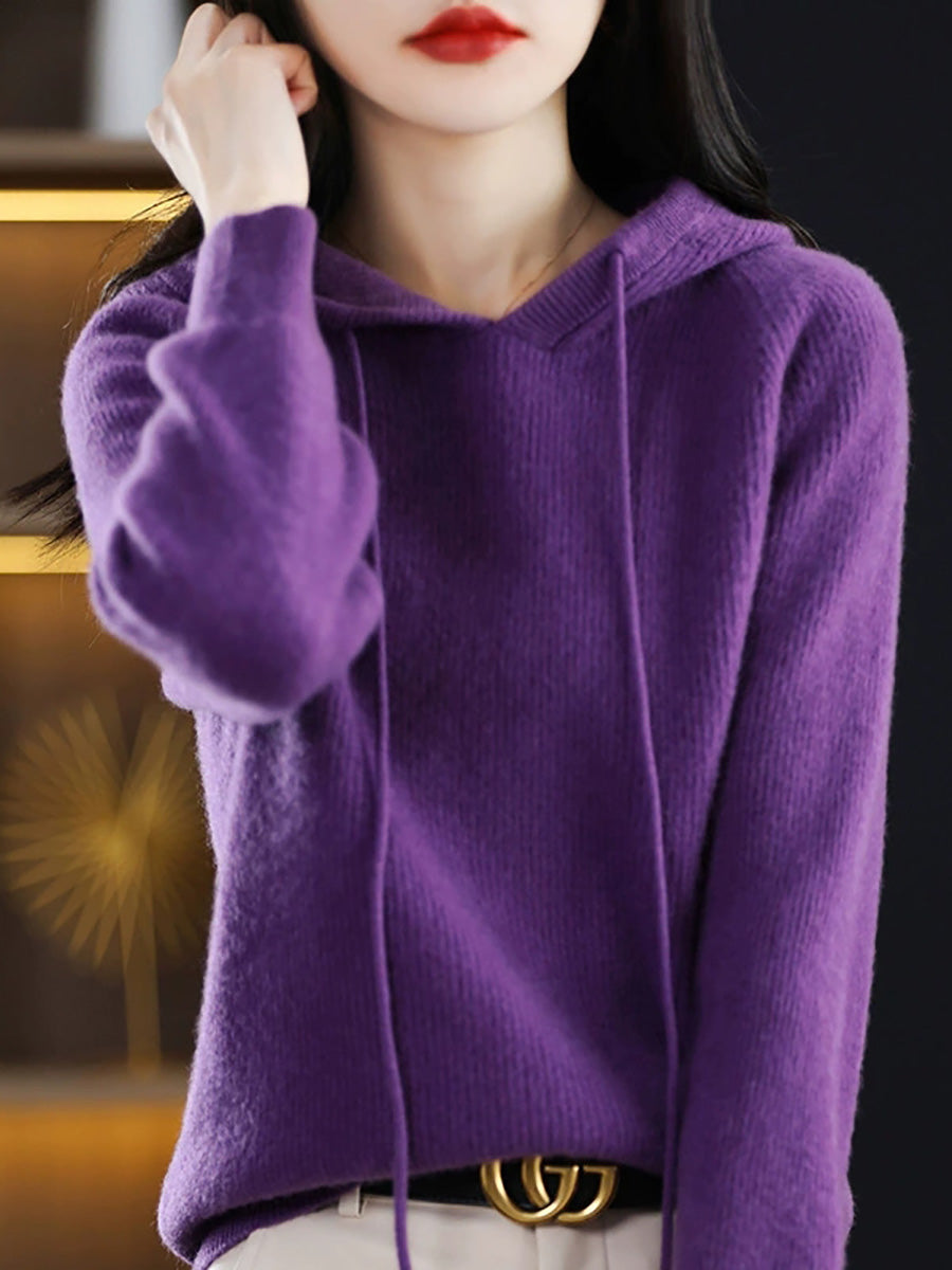 Women Autumn Casual Pure Color Hooded Sweater