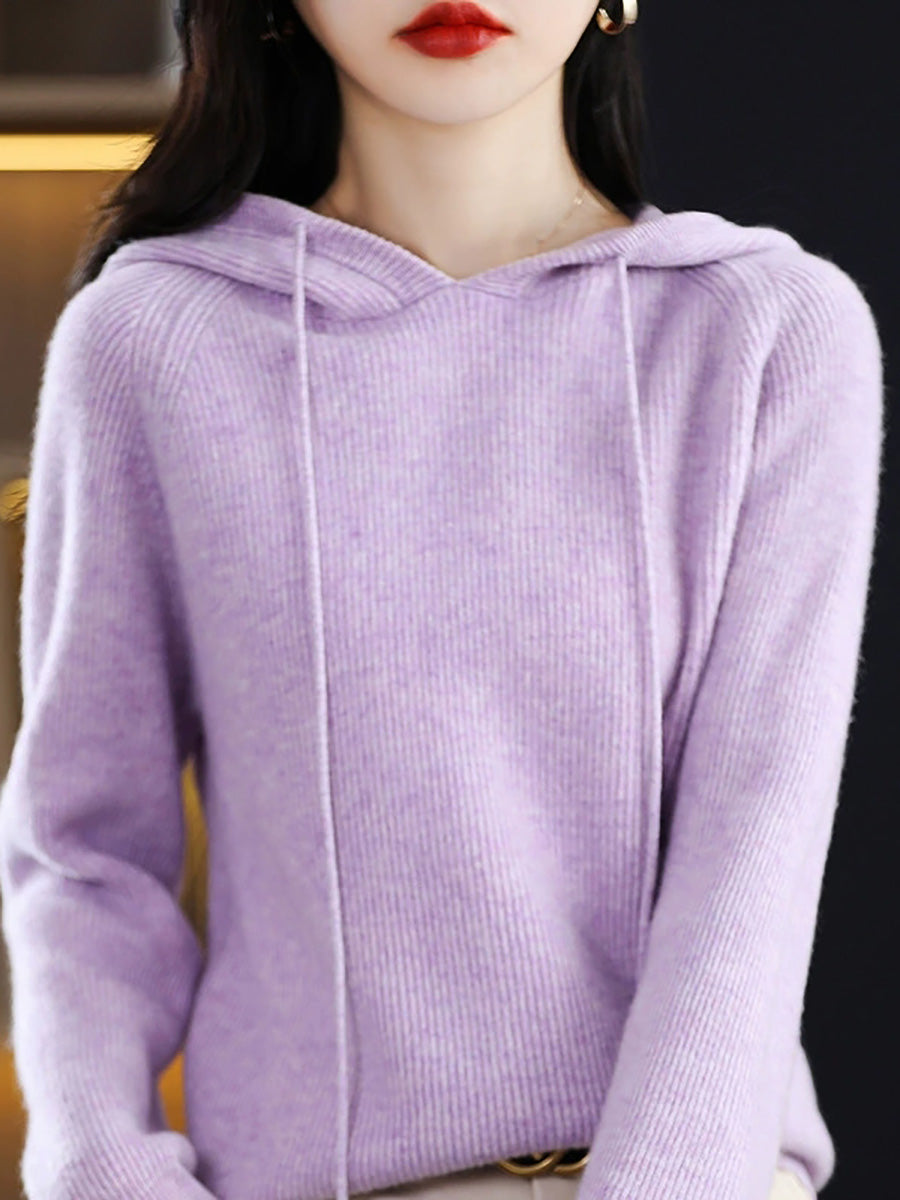 Women Autumn Casual Pure Color Hooded Sweater