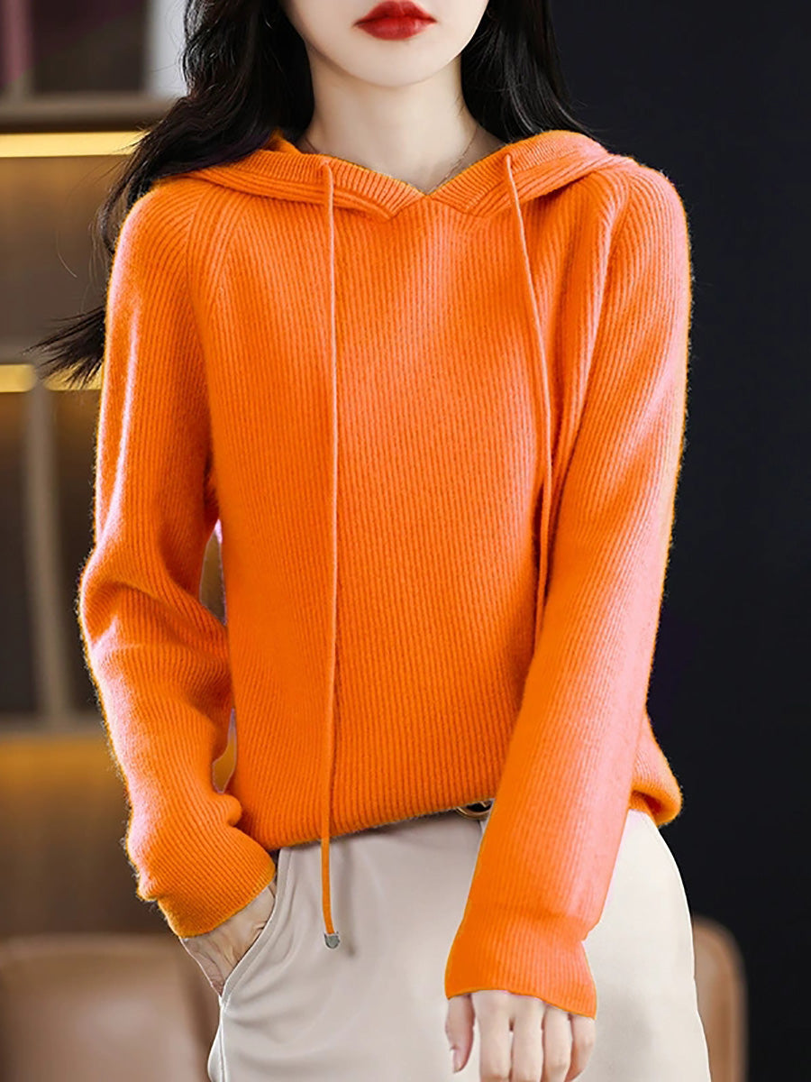 Women Autumn Casual Pure Color Hooded Sweater