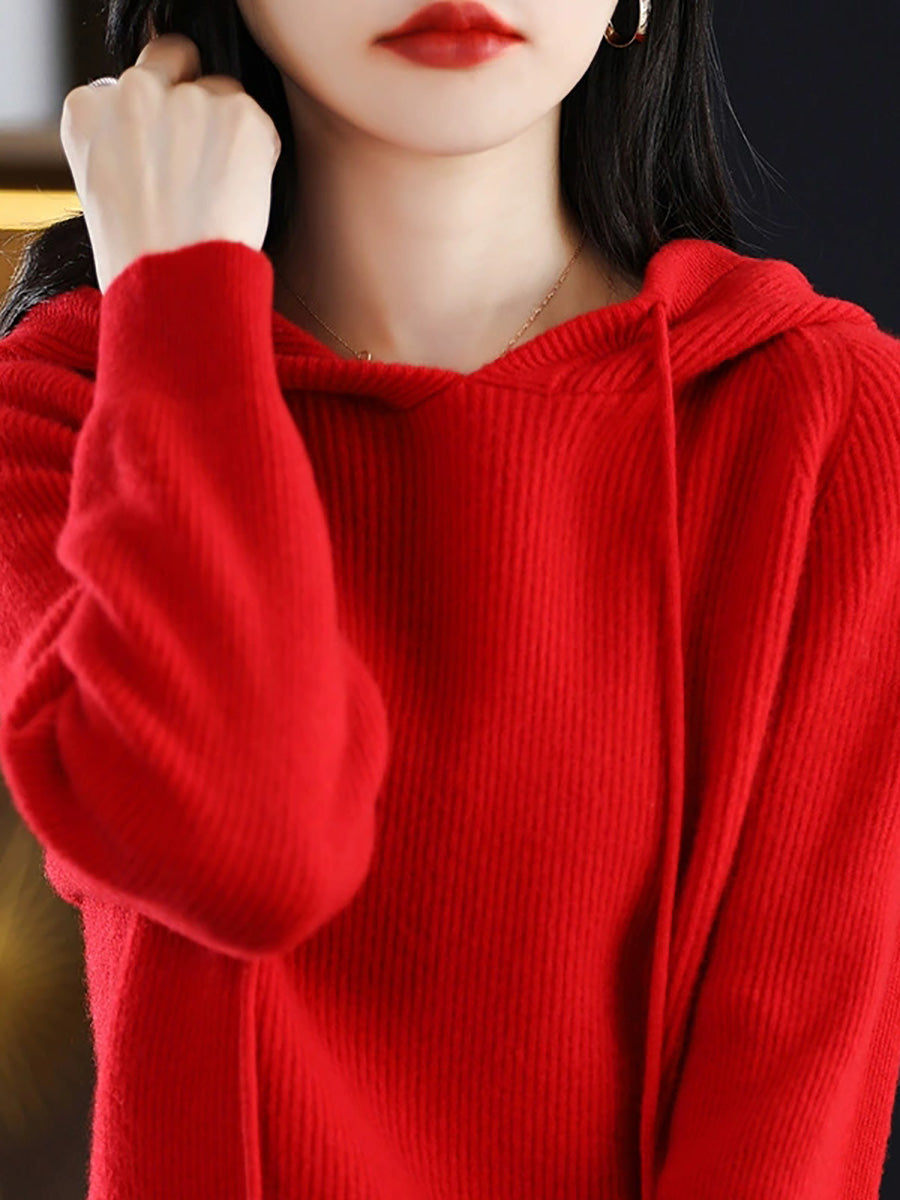 Women Autumn Casual Pure Color Hooded Sweater