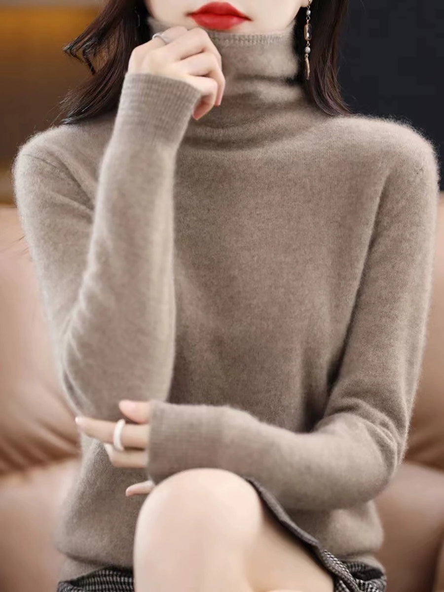 Women Autumn Casual Pure Color Turtleneck Sweater