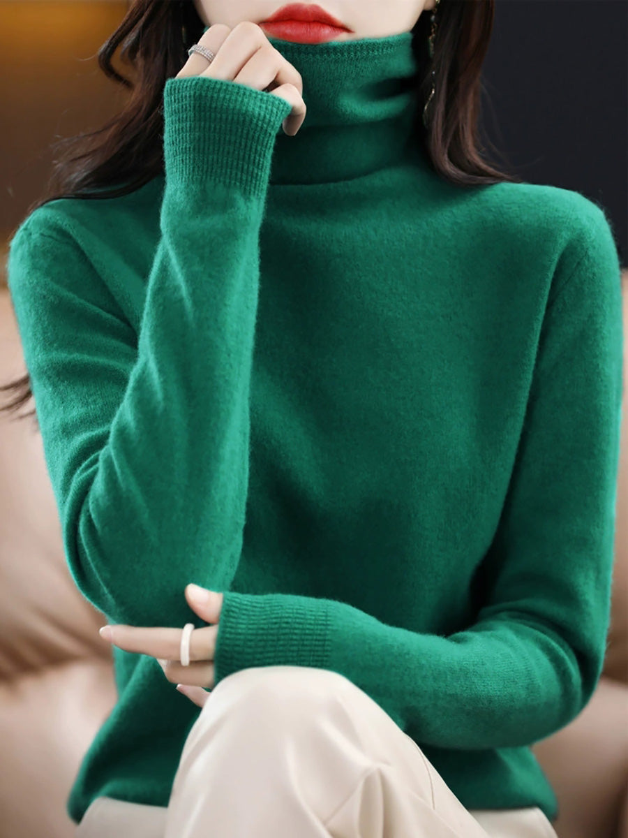 Women Autumn Casual Pure Color Turtleneck Sweater
