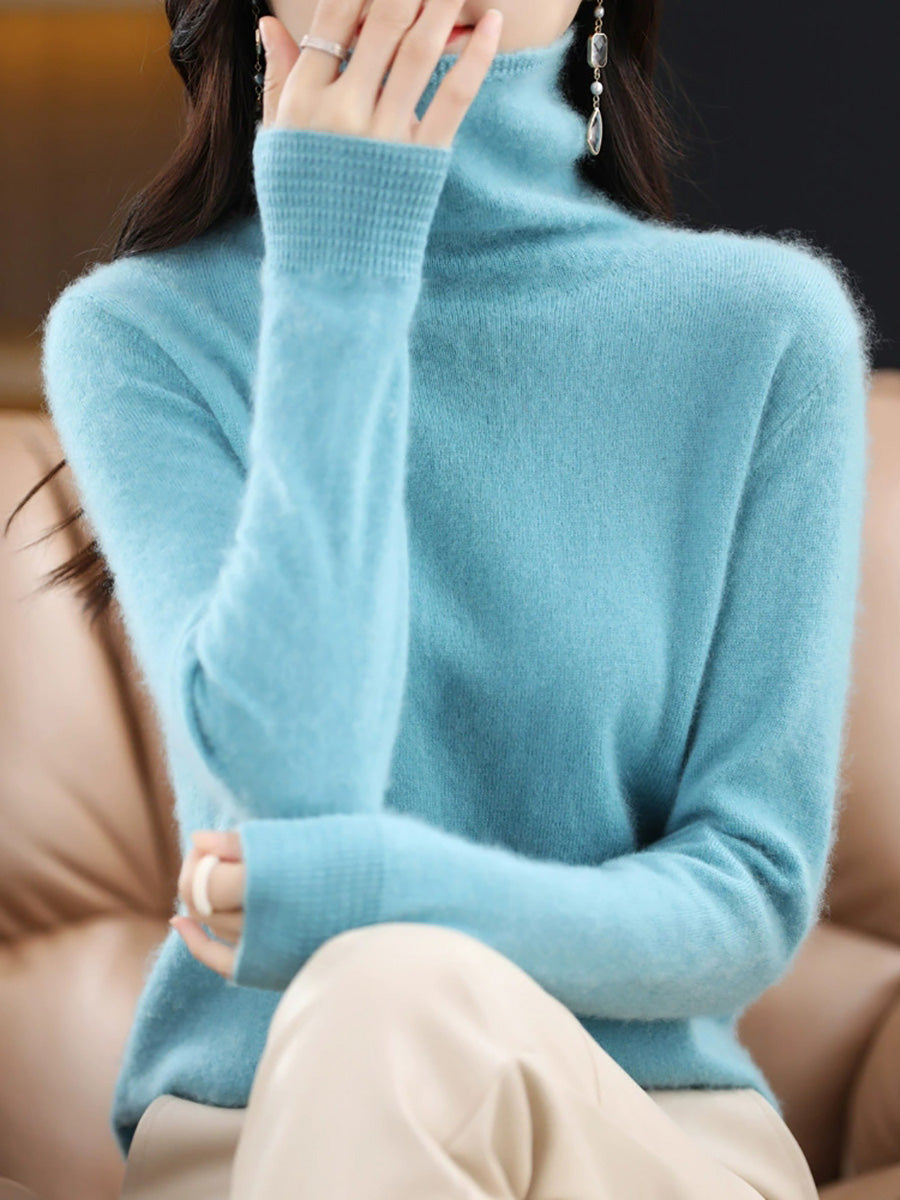 Women Autumn Casual Pure Color Turtleneck Sweater