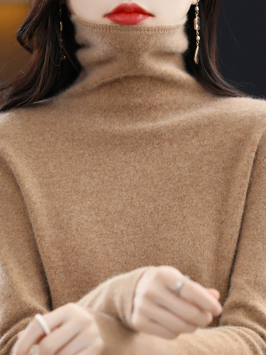 Women Autumn Casual Pure Color Turtleneck Sweater