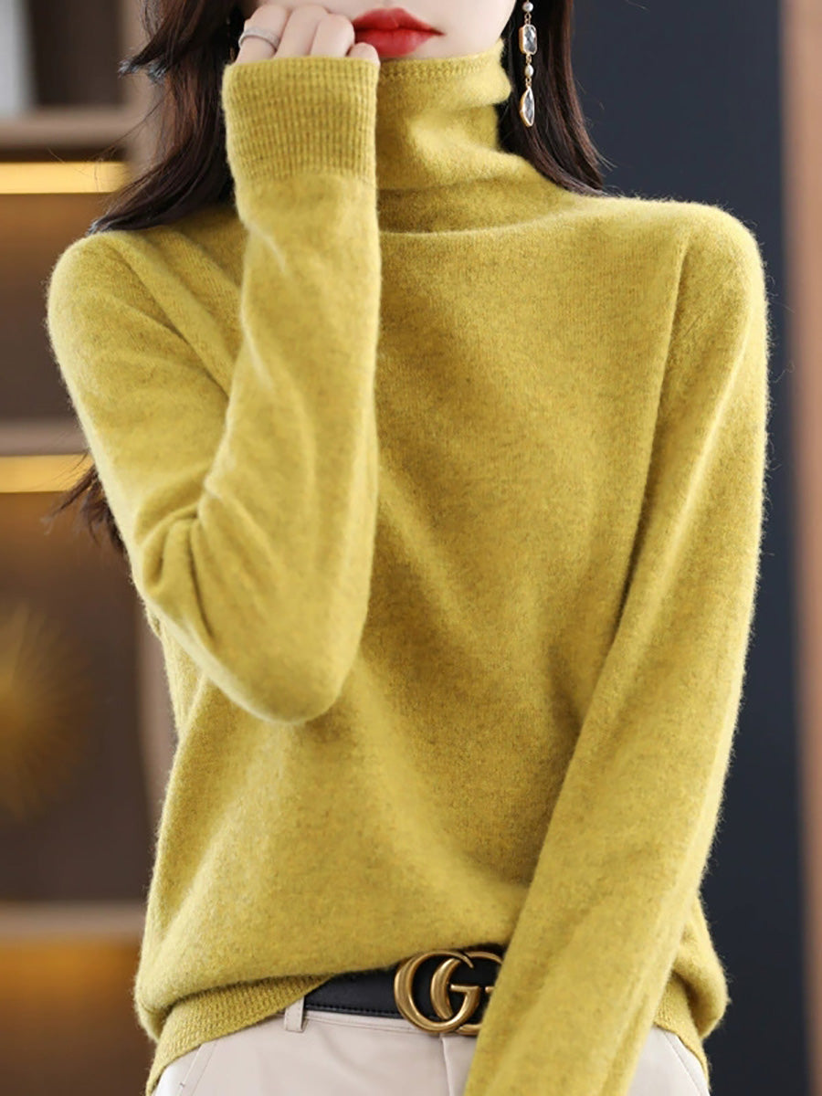 Women Autumn Casual Pure Color Turtleneck Sweater