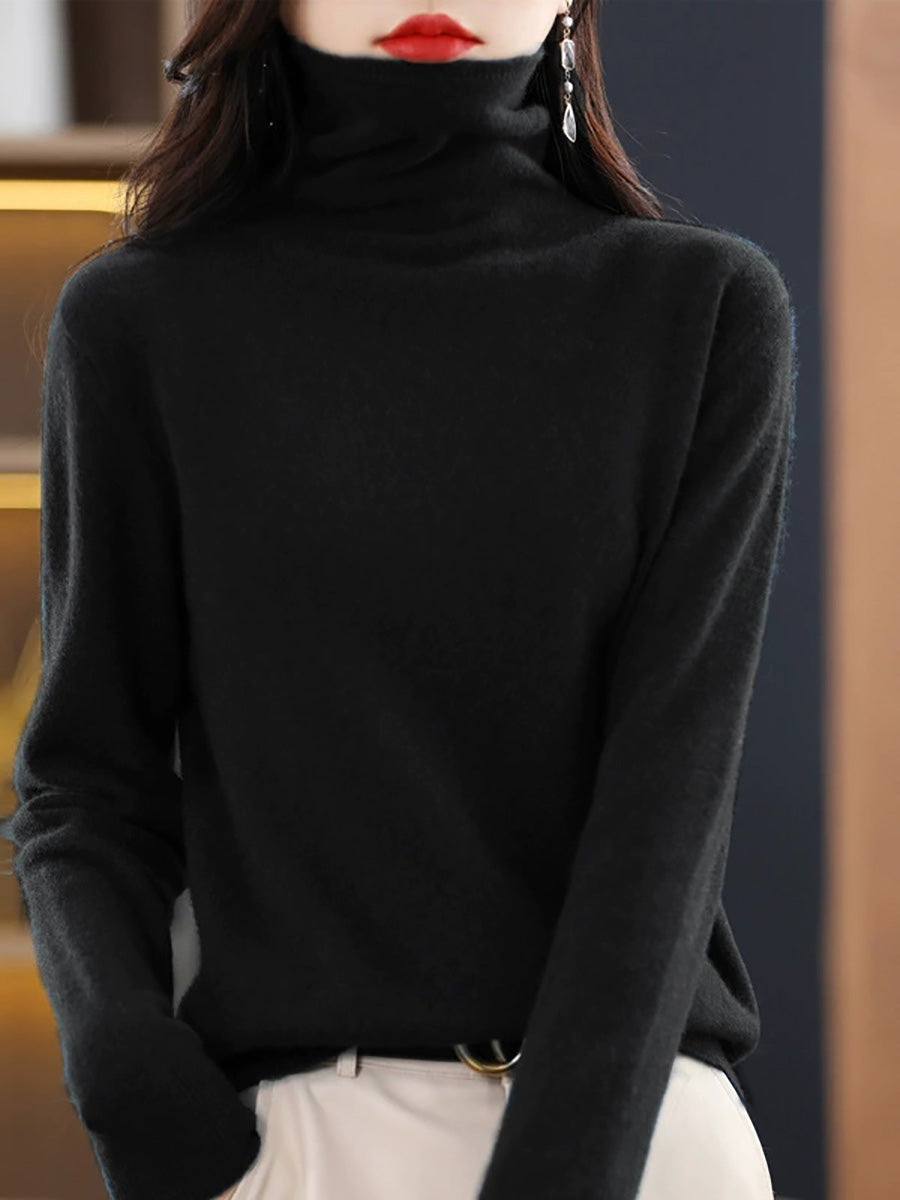 Women Autumn Casual Pure Color Turtleneck Sweater