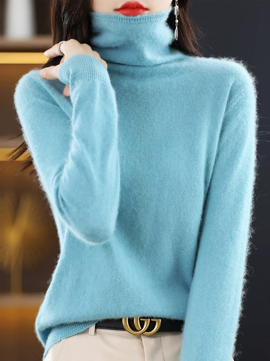 Women Autumn Casual Pure Color Turtleneck Sweater