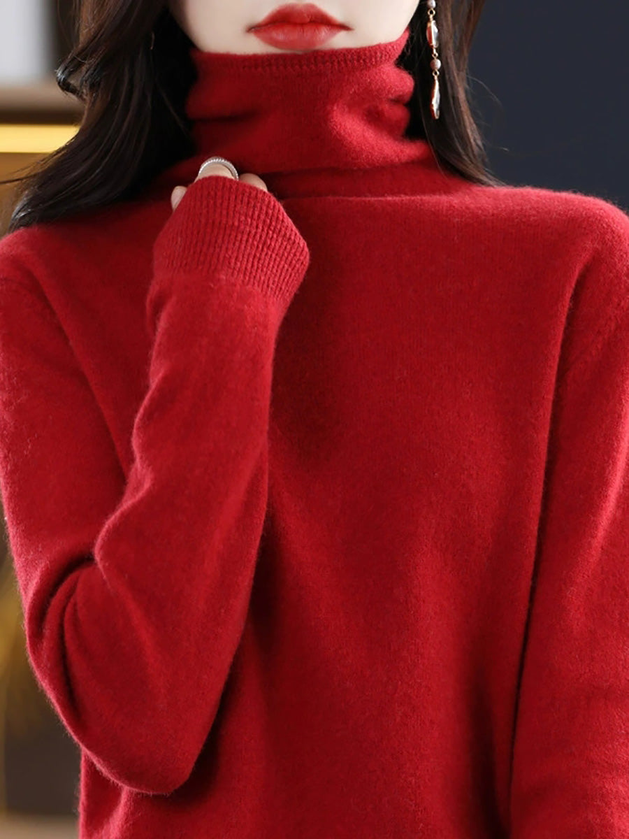 Women Autumn Casual Pure Color Turtleneck Sweater