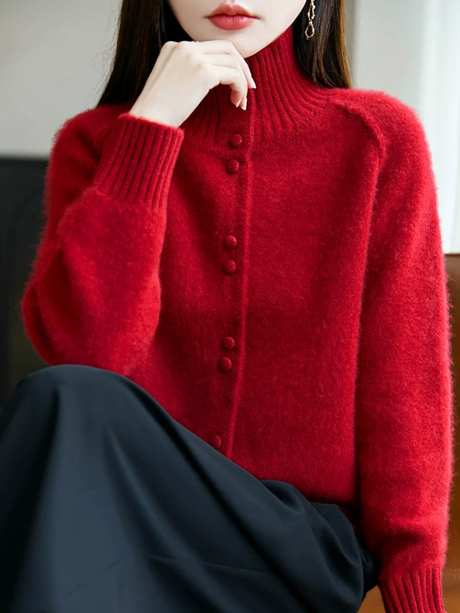 Women Autumn Casual Pure Color Stand Collar Sweater
