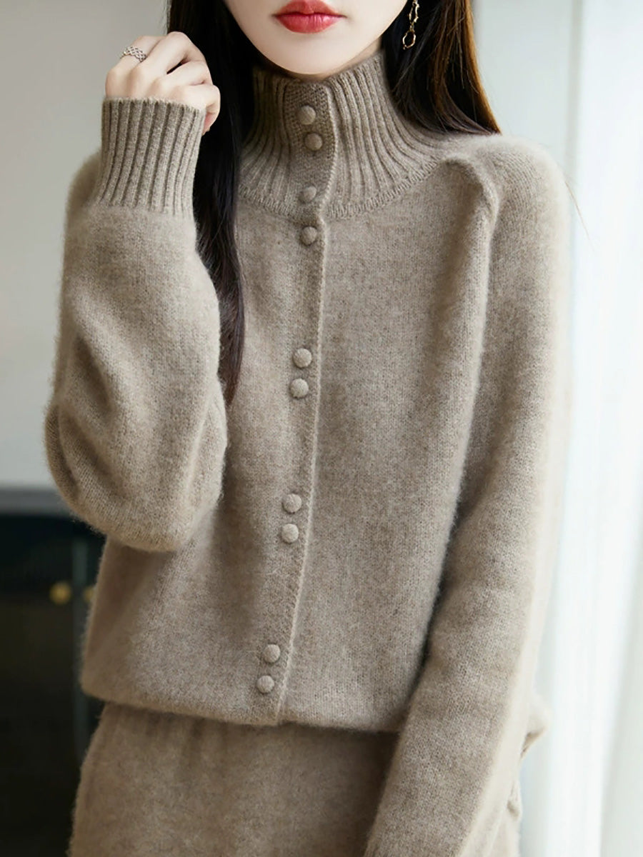Women Autumn Casual Pure Color Stand Collar Sweater