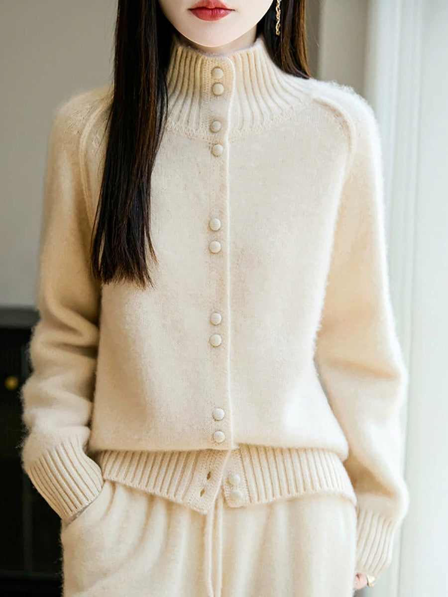 Women Autumn Casual Pure Color Stand Collar Sweater