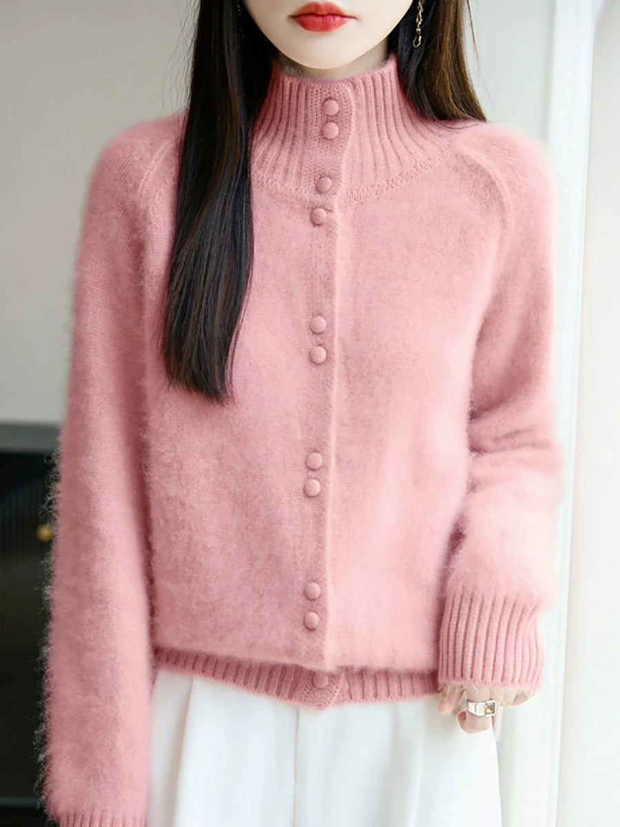 Women Autumn Casual Pure Color Stand Collar Sweater