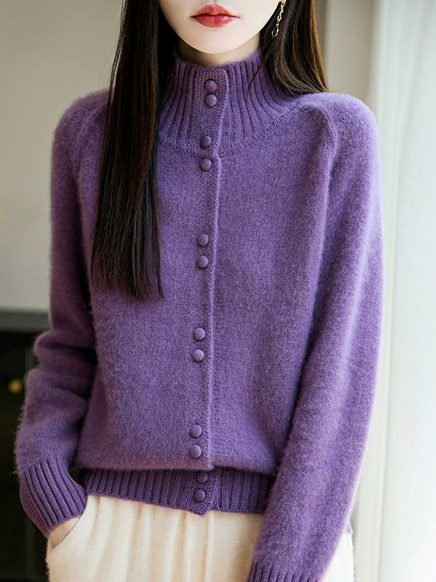 Women Autumn Casual Pure Color Stand Collar Sweater