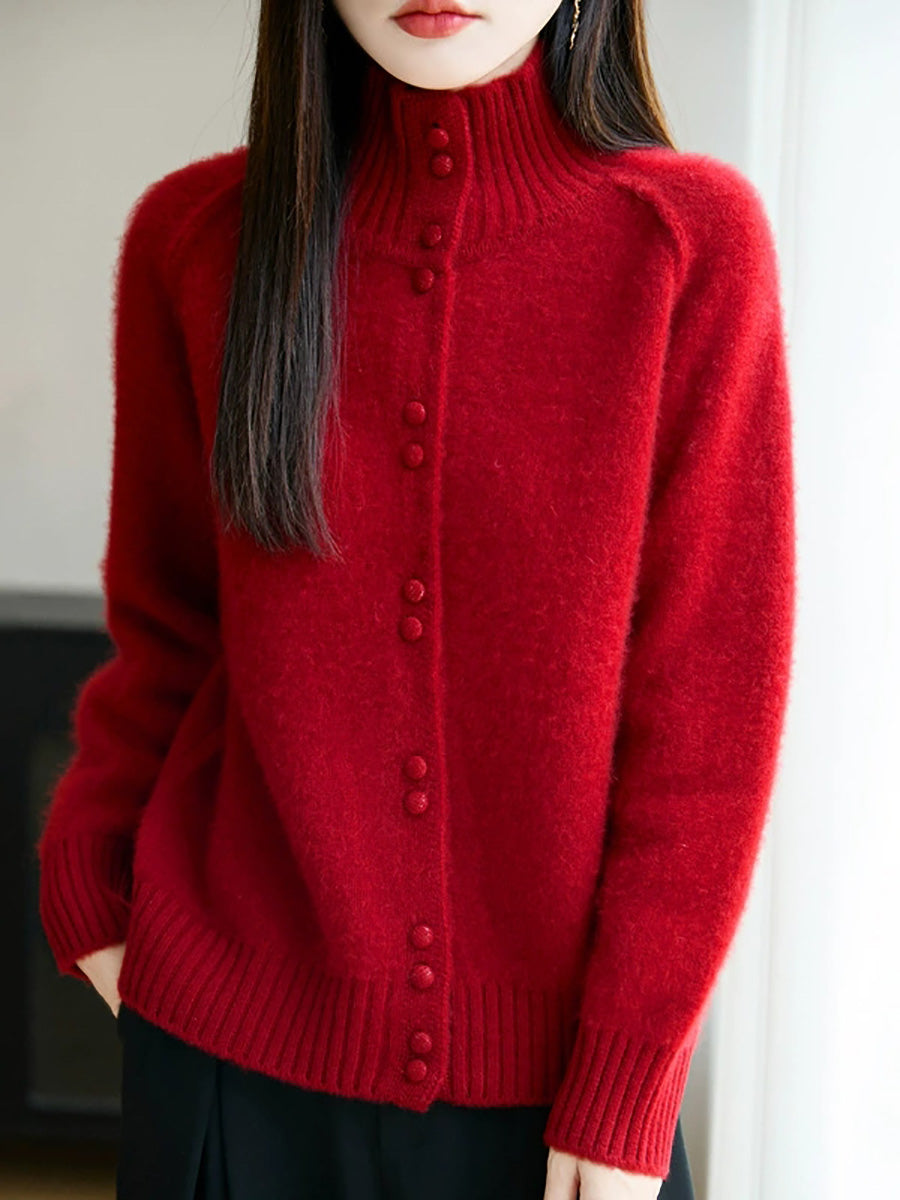 Women Autumn Casual Pure Color Stand Collar Sweater