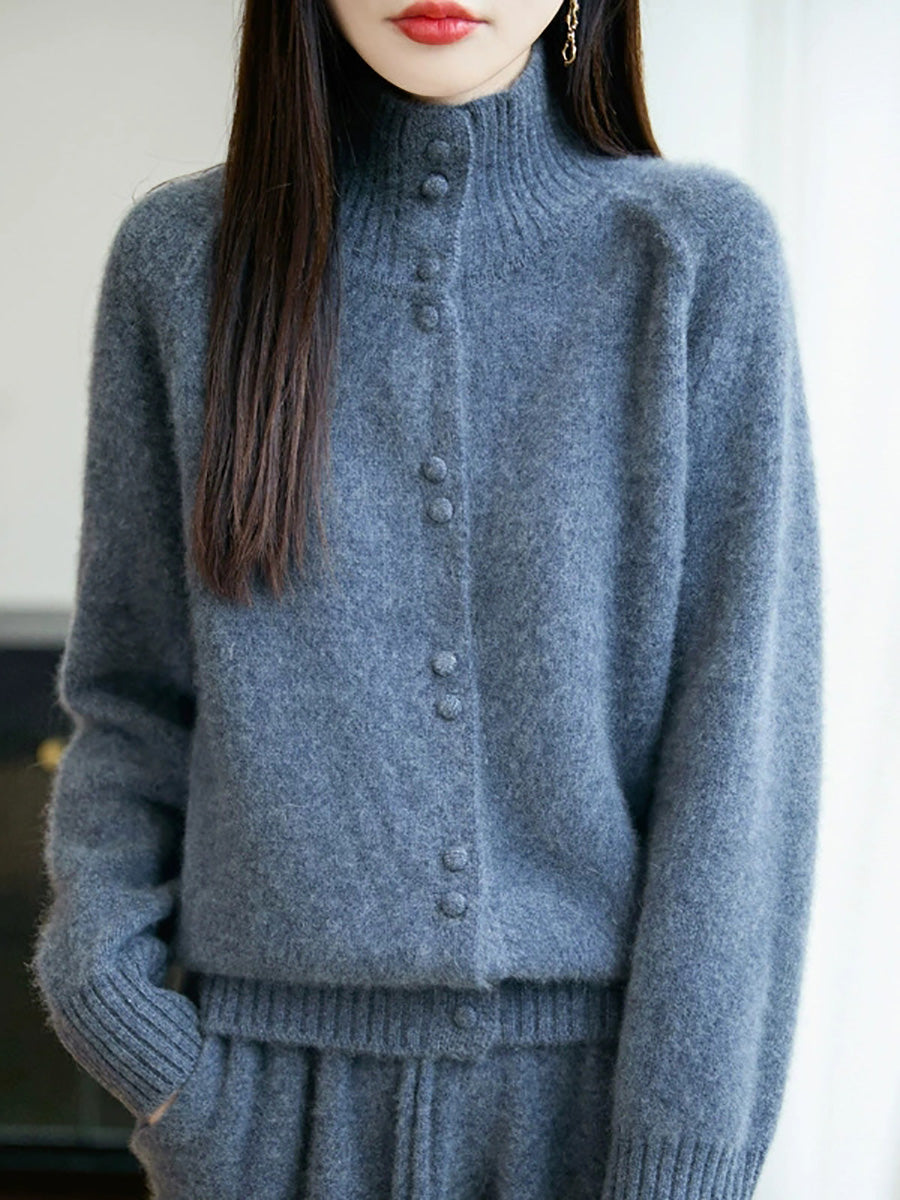 Women Autumn Casual Pure Color Stand Collar Sweater